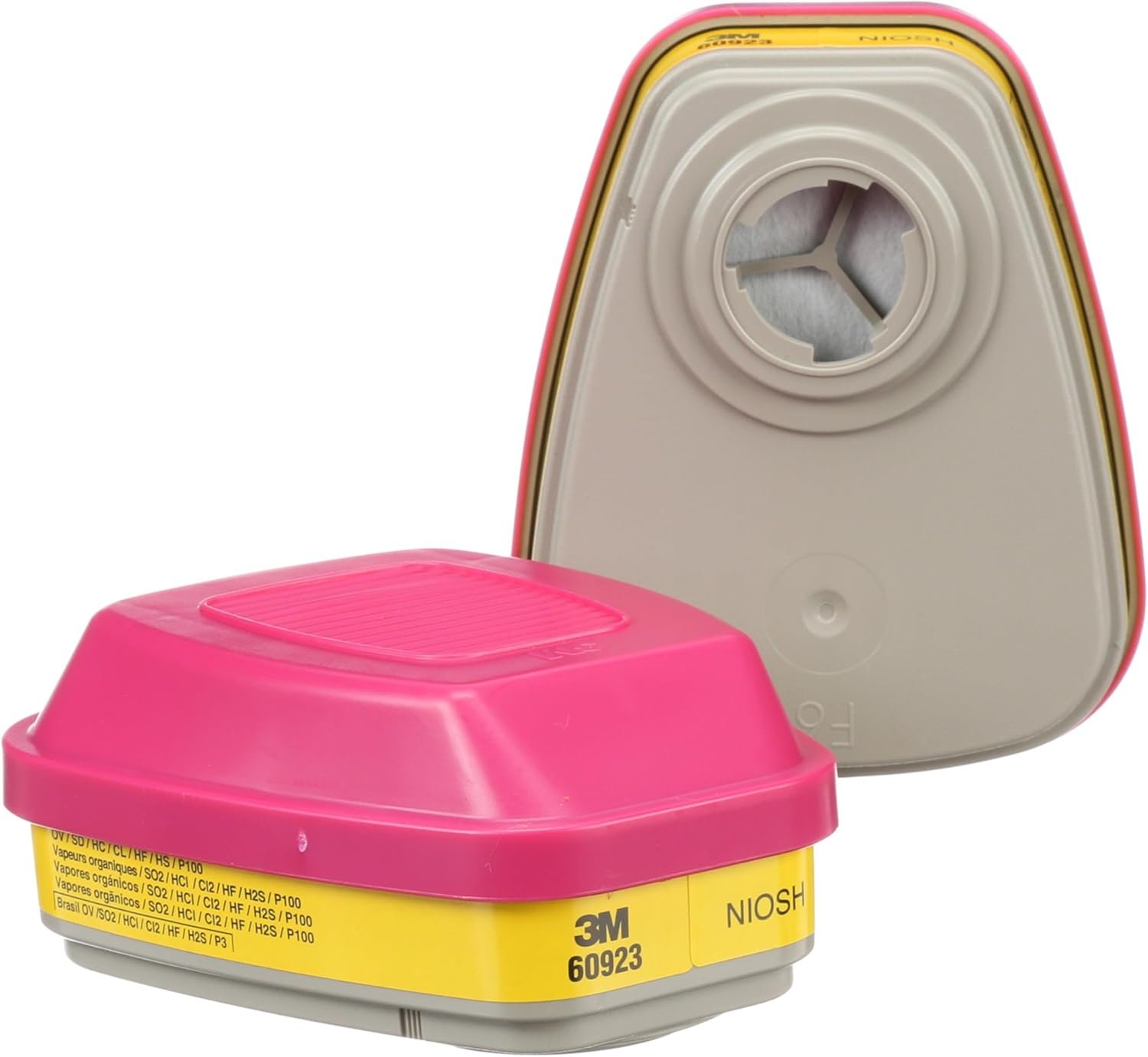 710uRkFrmTL._AC_SL1500_ 3M P100 Respirator Cartridge/Filter 60923, 1 Pair, NIOSH Approved, Helps Protect Against Organic Vapors, Acid Gases, and Particulates, Magenta, Yellow - Image 1