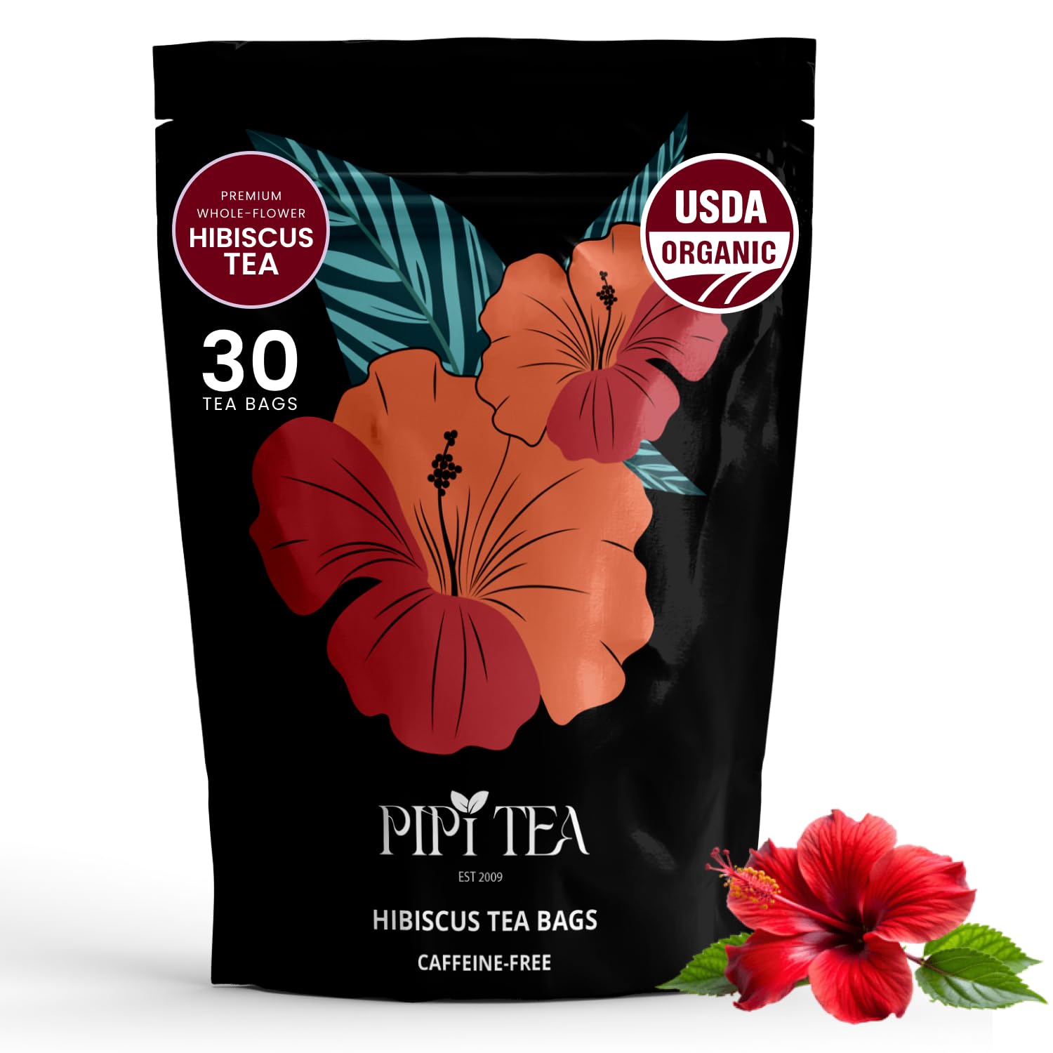 1000019644 PiPi Tea Organic Hibiscus Tea Bags – Caffeine Free Herbal Tea Rich in Antioxidants, Non-GMO & Vegan, Sourced from Premium Hibiscus Flowers for Daily Wellness & Heart Health Support, 60g - Image 1