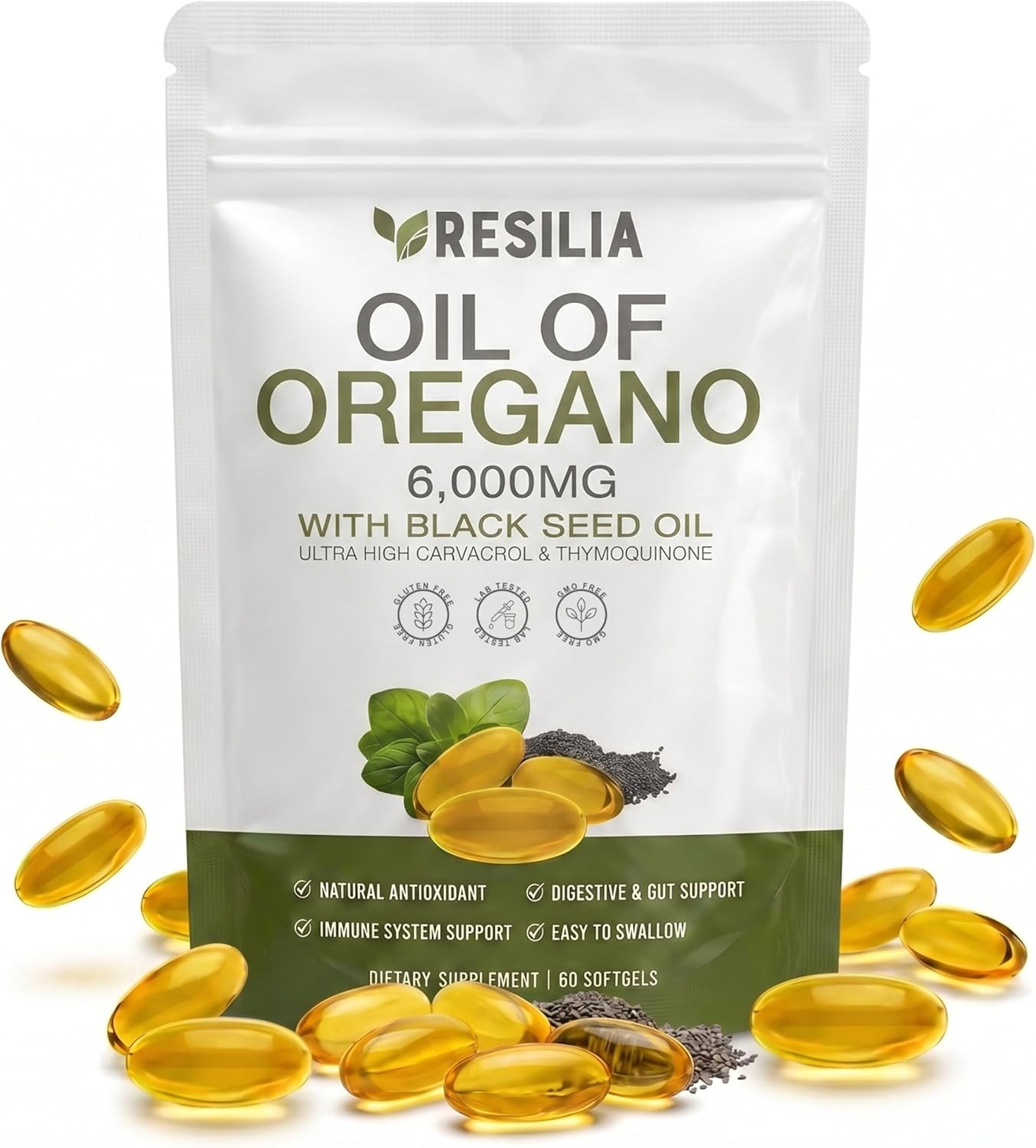 91AWAiutBkL._SL1500_ Resilia Softgels with Black Seed Oil 6000mg – Premium Grade Oregano Oil Capsules for Immune & Digestive Support – Non-GMO, Gluten-Free Softgels – Natural Herbal Wellness Supplement (60 Count) - Image 1