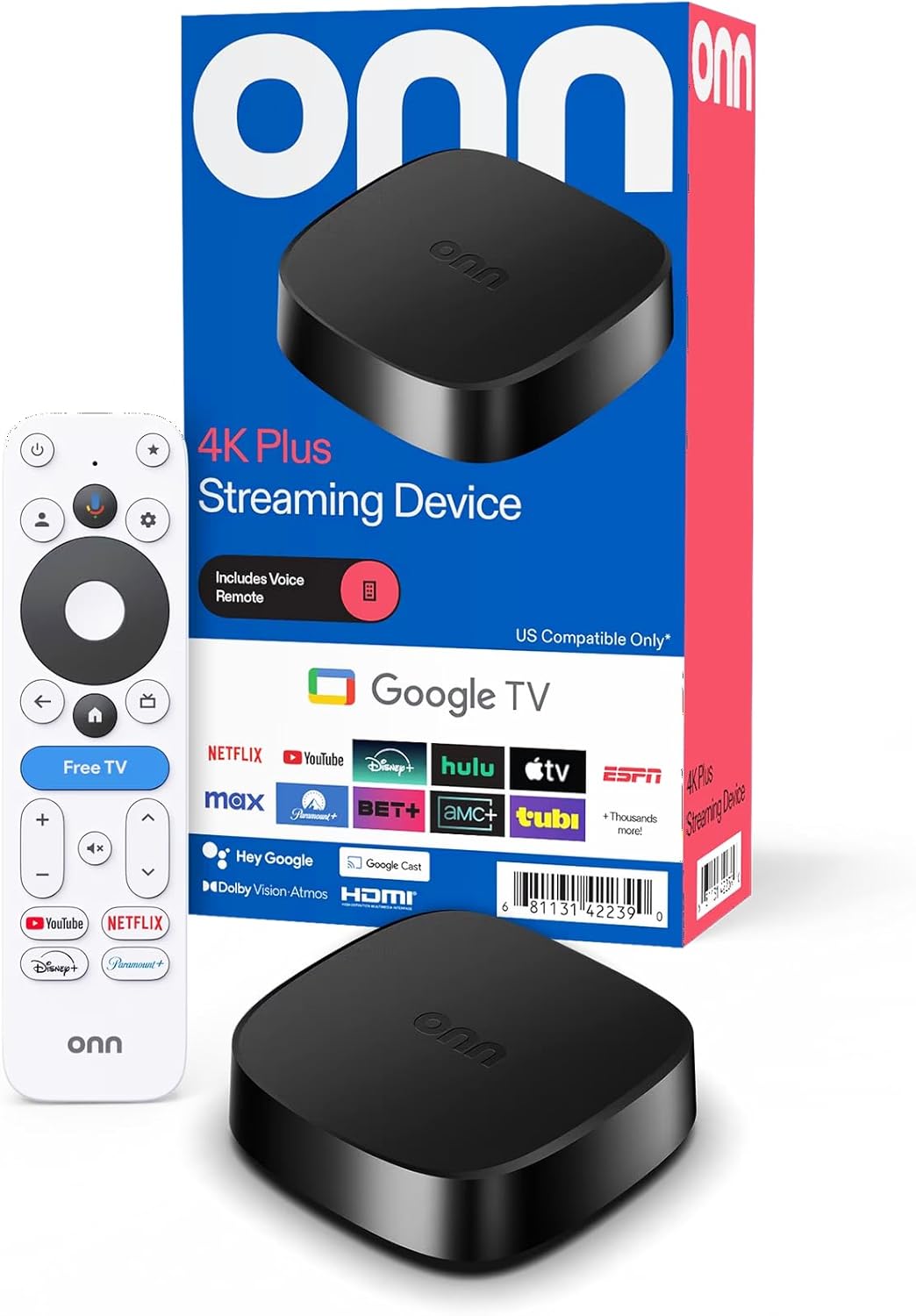 1000019644 Onn 4K Plus Streaming Device with Google TV – 16GB Storage, 2GB RAM, Wi-Fi 6, Dolby Vision & Dolby Atmos, Voice Remote, 4K UHD - Image 1